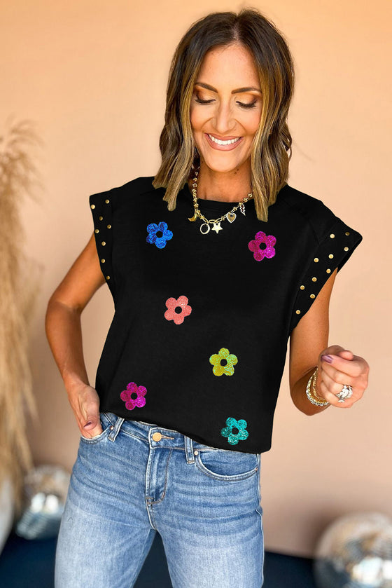 Black Shiny 60s Vintage Flower Graphic Studded Cap Sleeve T Shirt