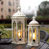 Wrought Iron Candle Lantern Set in Shabby Chic White Finish