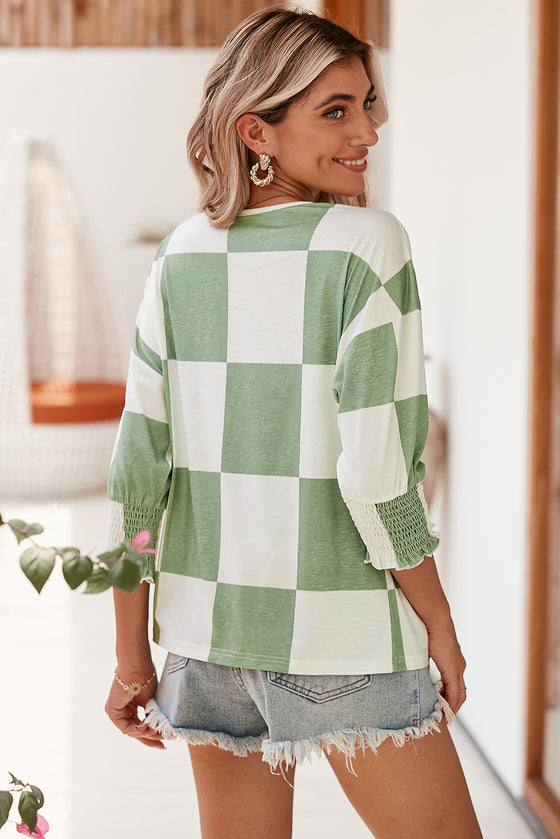 Grass Green Checkered Ruffle with Smocked Cuffs T-Shirt