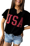 Black USA Lettering Patch Notched Neck Loose Tee