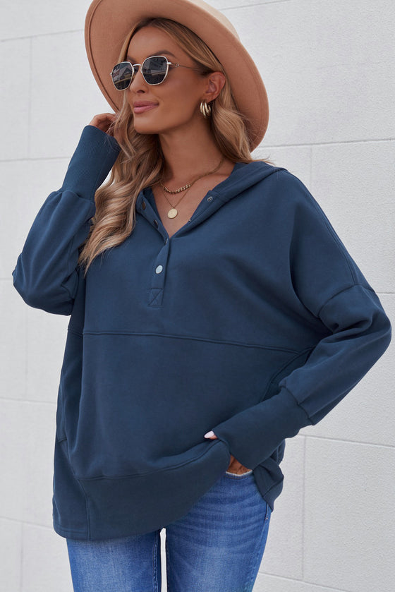 Grey Batwing Sleeve Casual Pocket Henley Hoodie | Available in 7 Colors