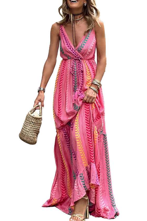 Pink Boho Tassel Tie Wrap V Neck Maxi Dress