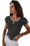 Black Striped Drawstring Sleeve Knitted T Shirt