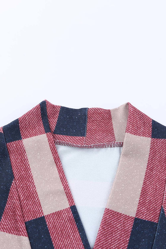 Red Plaid Casual Draped Open Front Cardigan