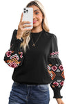 Black Geometric Lantern Sleeve Round Neck Blouse