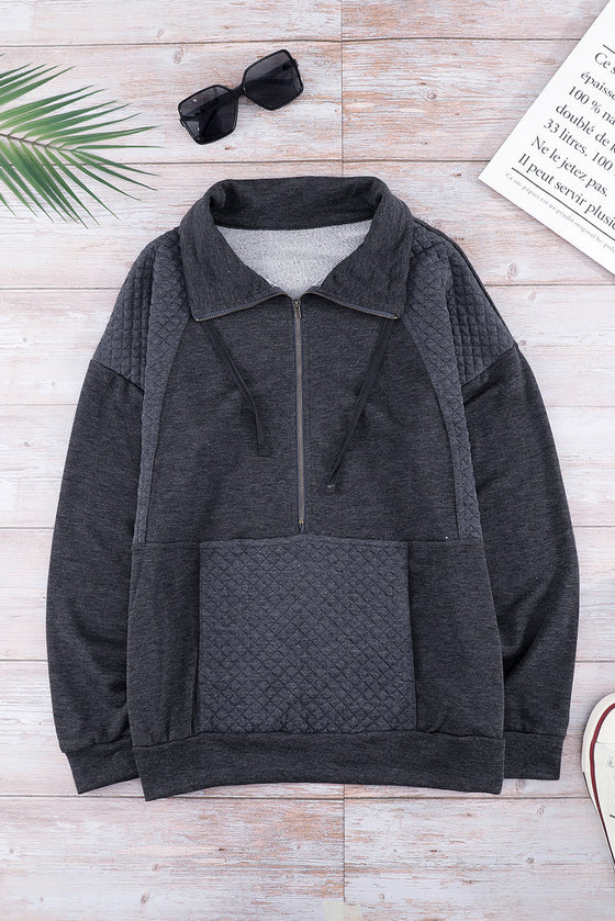 Grey Casual Pocket Quilted Patch Half Zipper Sweatshirt