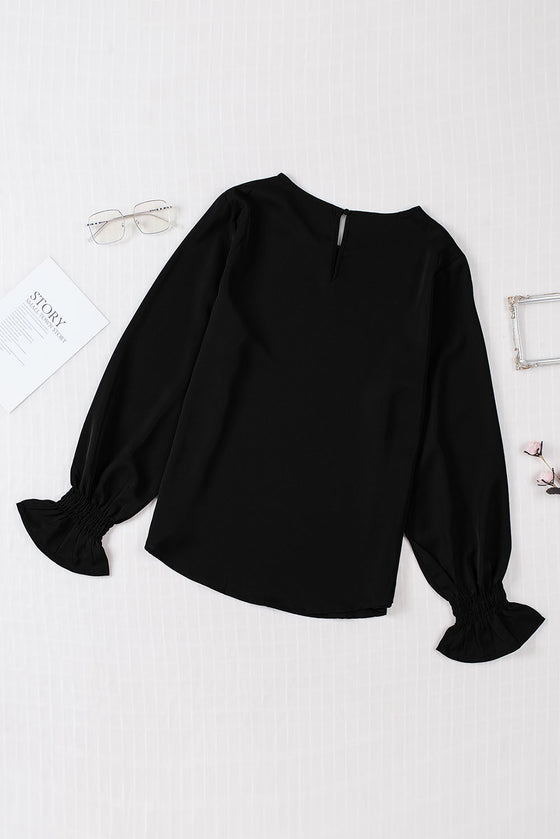 Plain Pullover Smocked Cuffs Long Sleeve Blouse | Available in Black and Red Colors