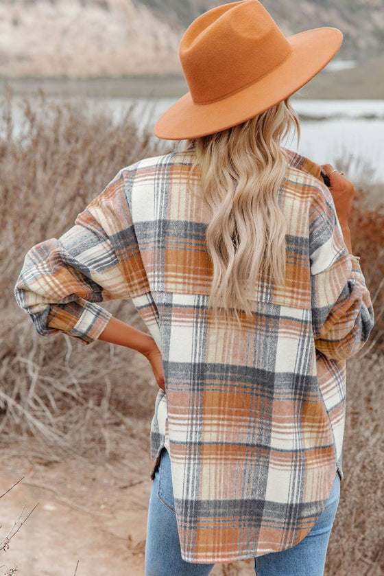 Gold Flame & Grey Plaid Button Up Collared Flannel Shacket