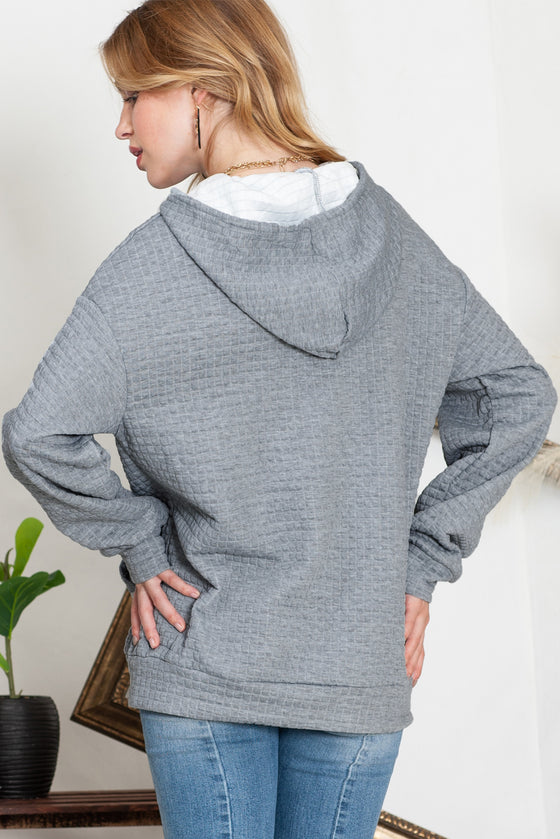 White Lattice Textured Kangaroo Pocket Drawstring Hoodie