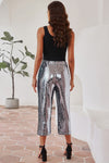 Silver High Waisted Drawstring Cropped Sequin Pants