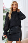 Black Mock Neck Top Jacquard Tie Back Bishop Sleeve Blouse