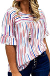 White Stripe Ruffled & Short Sleeve Plus Size Blouse