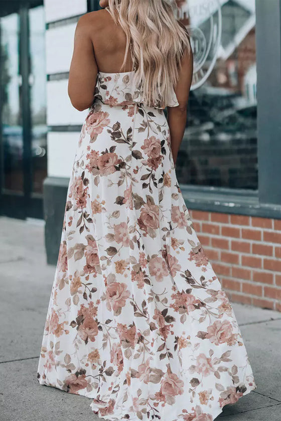 White Floral Slit Ruffled Halter Neck Maxi Dress