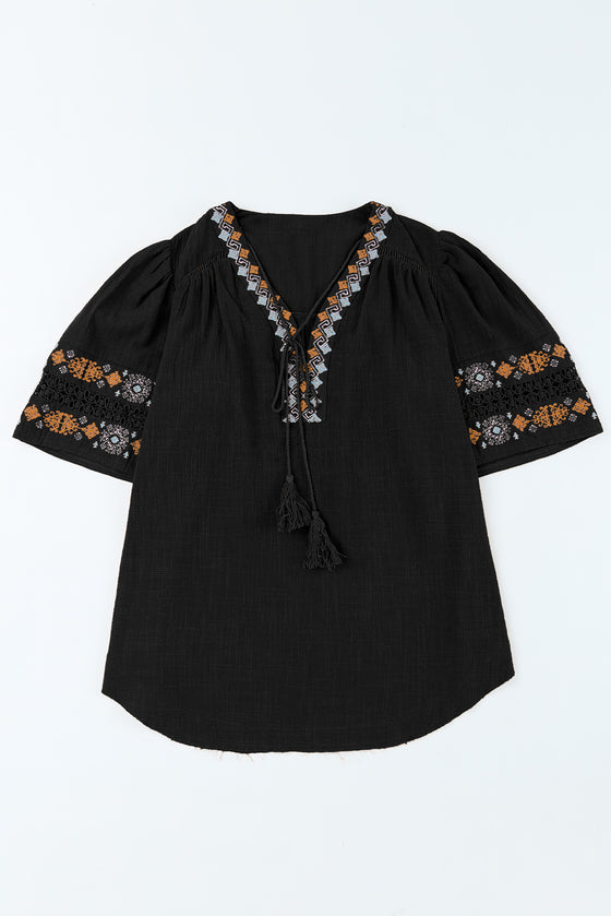 Black Boho Tassel Drawstring Embroidered Blouse