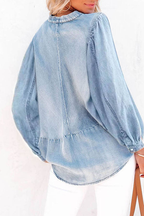 Sky Blue Puff Sleeve Slit V-Neck Denim Blouse