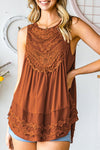 Apricot Casual Contrast Lace Crochet Button Back Sleeveless Shirt