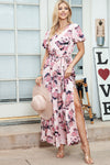 Pink Floral Print Wrap Puff Sleeve Dress