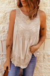 Apricot Casual Contrast Lace Crochet Button Back Sleeveless Shirt