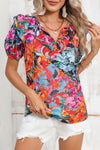 Tropical Floral V Neck Ruffle Blouse