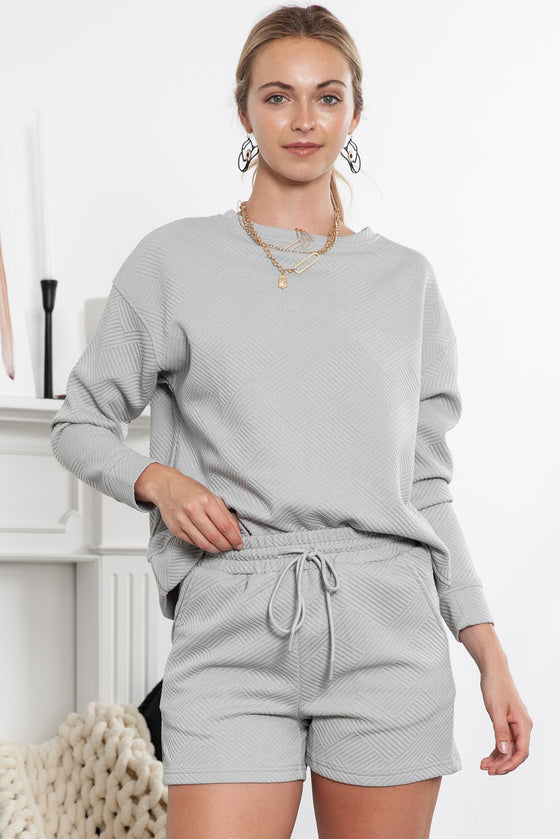 Gray Textured Long Sleeve Top & Drawstring Shorts Set | Available in Other Colors