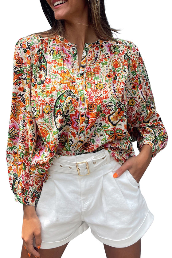 Multicolor Boho Floral Print Puff Sleeve Shirt