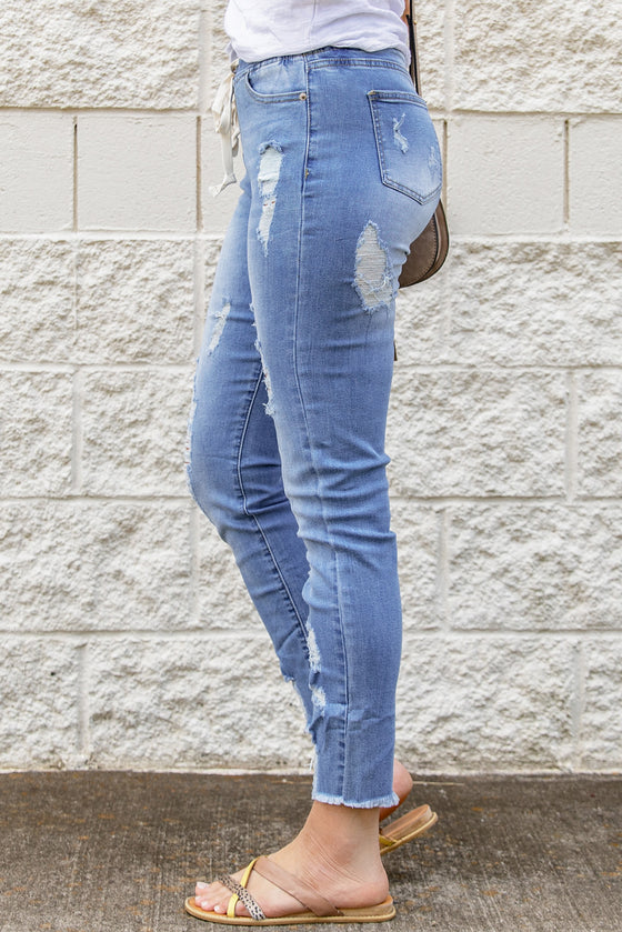 Gray Drawstring Elastic Waist Jeans With Hole