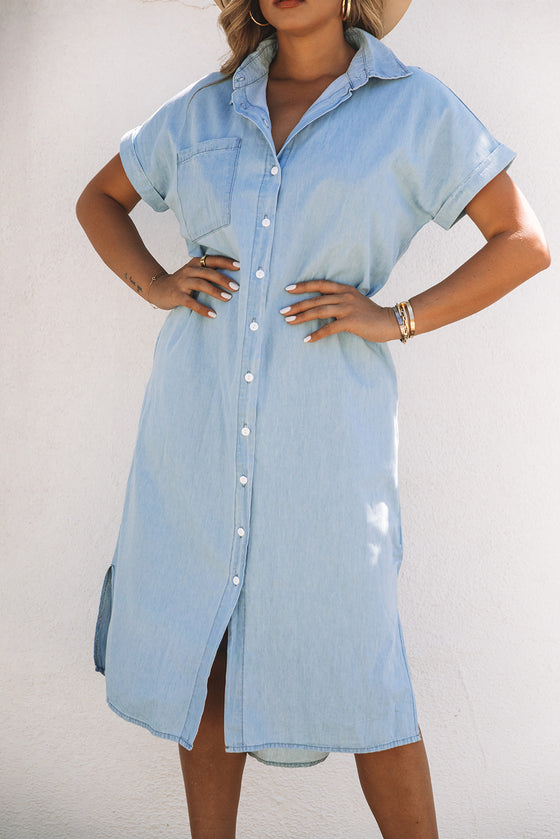 Light Blue Button Up Short Sleeve Midi Denim Shirt Dress