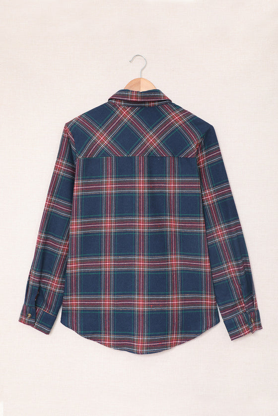 Multicolor Plaid Casual Pockets Asymmetric Long Sleeve Shacket