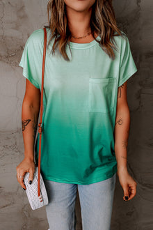  Ombre Green Short Sleeve Crew Neck T-Shirt with Pocket