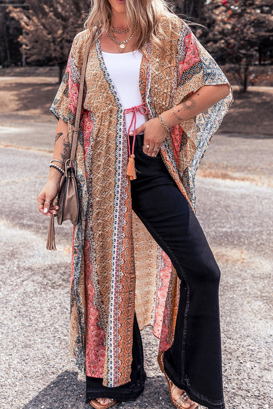 Pink Boho Print Tassel Tie Duster Cover-up