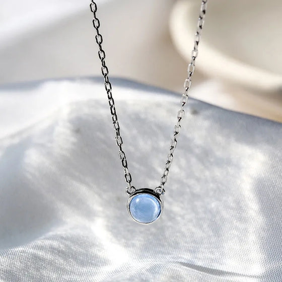 Sterling Silver Necklace Women with Ocean Blue Circular Pendent