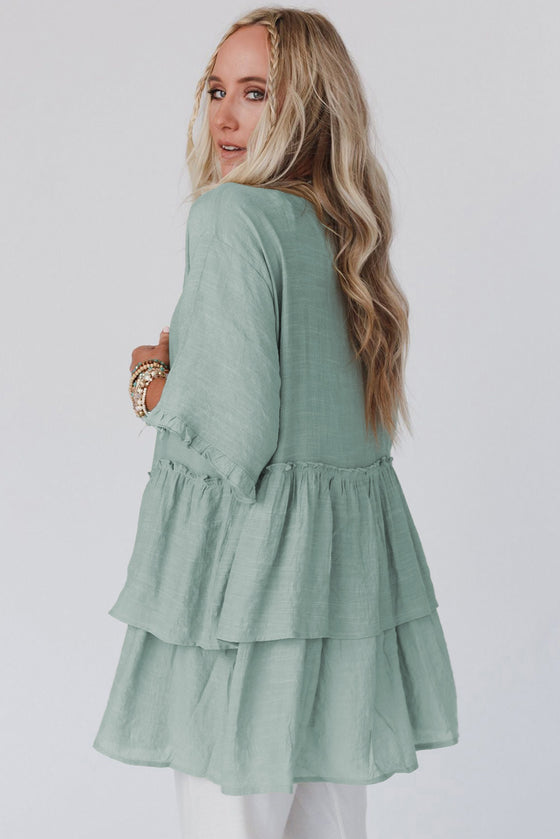 Green Ruffled Trim Short Sleeve Open Front Kimono | Available in Other Colors