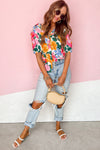 Multicolor Floral Print Ruffle Trim Puff Sleeve Blouse