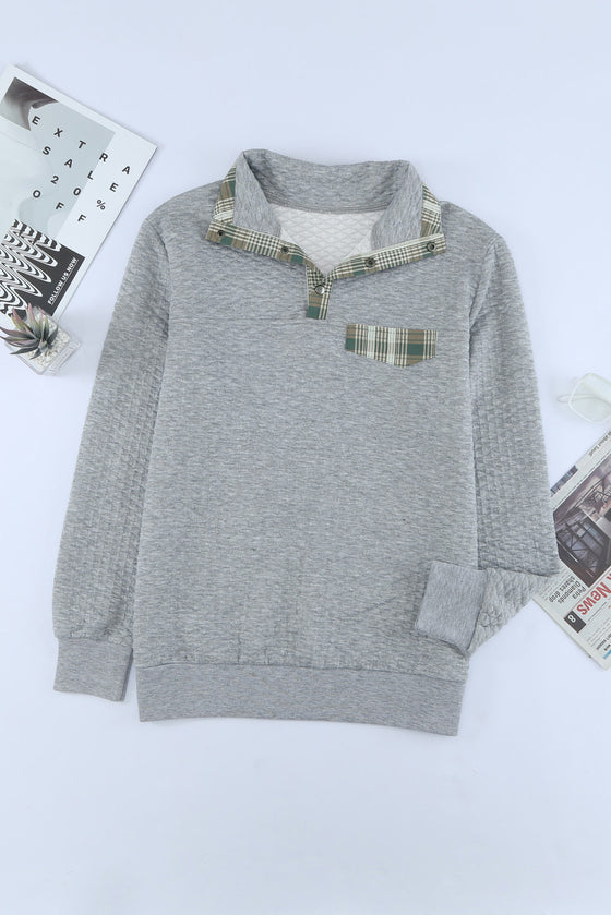 Grey Plaid Splicing Elbow Patchwork Quilted Sweatshirt