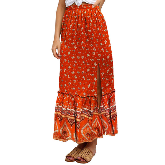 Women's Long Orange Patterned Skirt