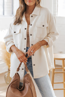  Beige Solid Textured Flap Pocket Buttoned Shacket | Available in 4 Colors