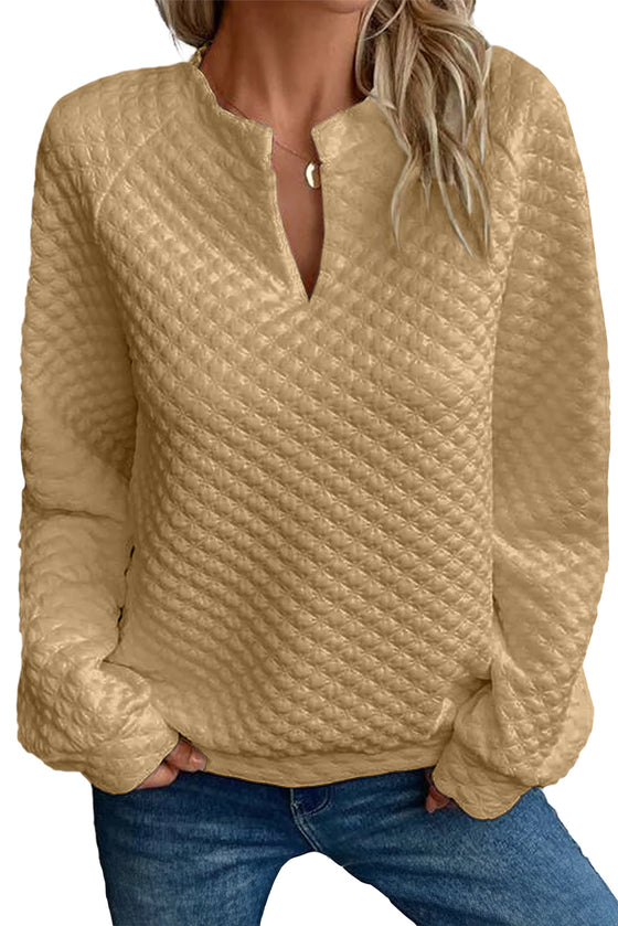 White Quilted V-Neck Solid Color Long Sleeve Top | Available in 4 Colors