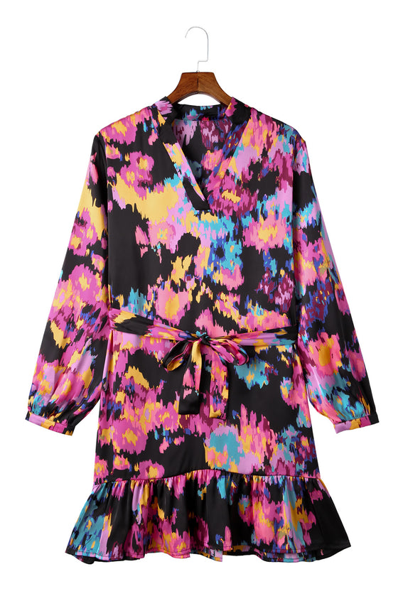 Abstract Print Waist Belted Long Sleeve Dress | Other Colors Available