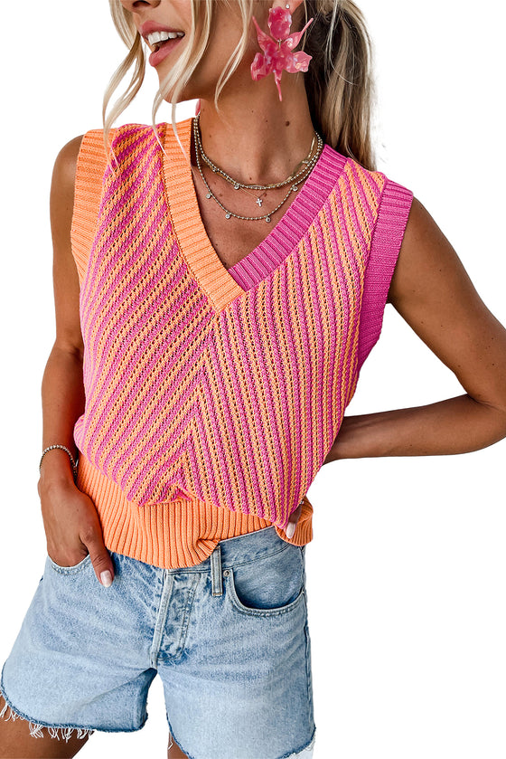 Strawberry Pink Chevron V Neck Knitted Vest