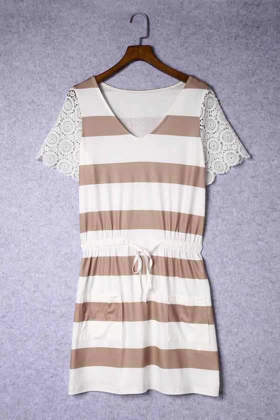 White Lace Crochet Short Sleeve Drawstring Striped Dress