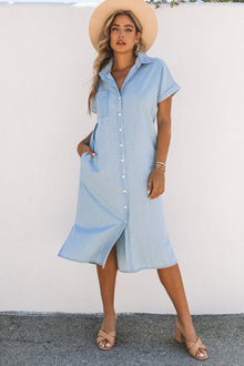  Light Blue Button Up Short Sleeve Midi Denim Shirt Dress