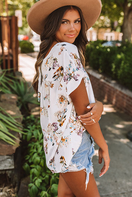 White Floral Ruffled Knot Short Sleeve Blouse