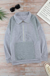 Grey Casual Pocket Quilted Patch Half Zipper Sweatshirt