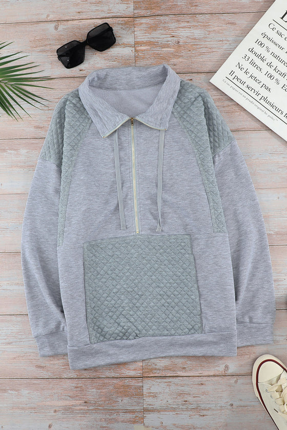 Grey Casual Pocket Quilted Patch Half Zipper Sweatshirt