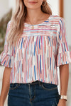 White Striped Abstract Print Ruffle Half Sleeve Blouse