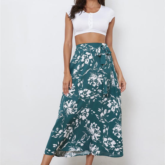 Women's Floral Print Chiffon Skirt in Green and White