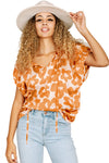 Orange Satin Retro Floral V-Neck Blouse