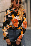 Black Floral Frilled Neck Ruffle Blouse