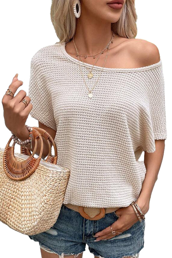 Apricot Waffle Knit Draped Back Batwing Sleeve Tee