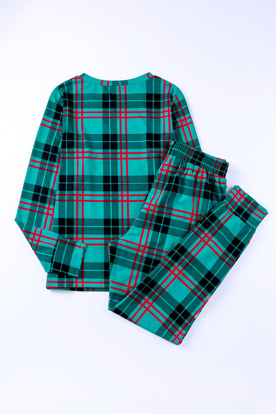 Green Plaid Long Sleeve Top & Drawstring Joggers Loungewear Set